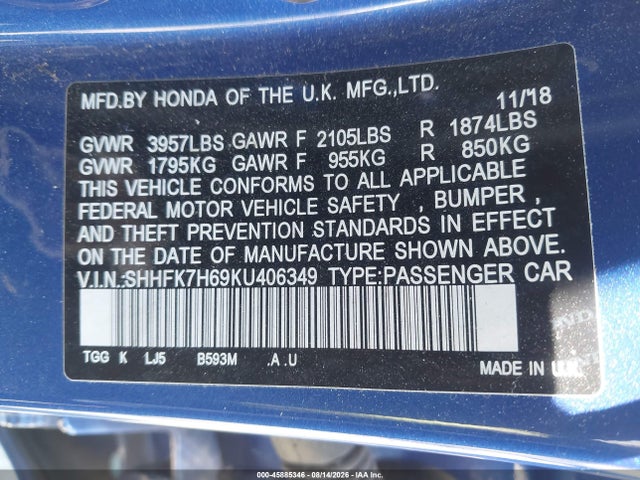 Honda CIVIC EX 2019 SHHFK7H69KU406349 Image 9