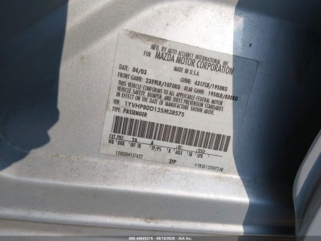Продаж на аукціоні авто 2003 Mazda Mazda6 S, vin: 1YVHP80D135M38575, номер лоту: 45885376