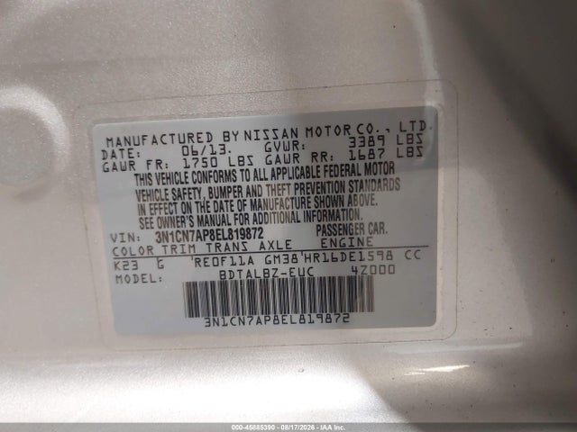 45885390 :رقم المزاد ، 3N1CN7AP8EL819872 vin ، 2014 Nissan Versa 1.6 Sv مزاد بيع