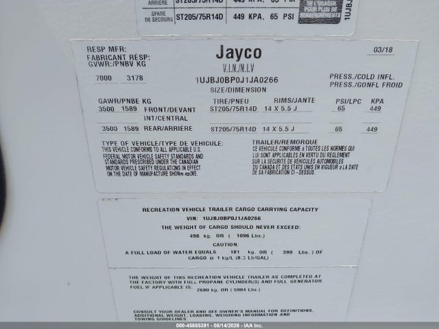 Продаж на аукціоні авто 2018 Jayco Jayflight 27rl, vin: 1UJBJ0BP0J1JA0266, номер лоту: 45885391