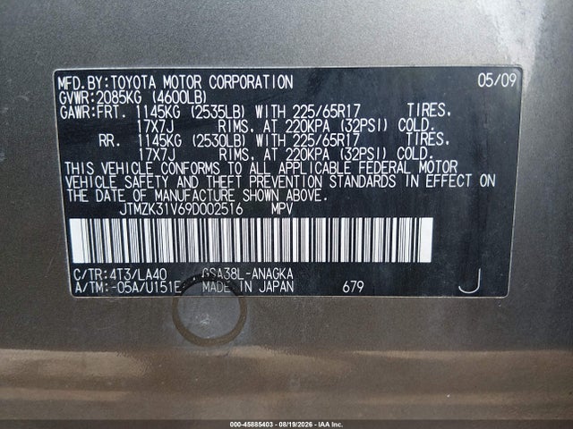 Aukcja sprzedaży 2009 Toyota Rav4 Limited V6, vin: JTMZK31V69D002516, numer aukcji: 45885403