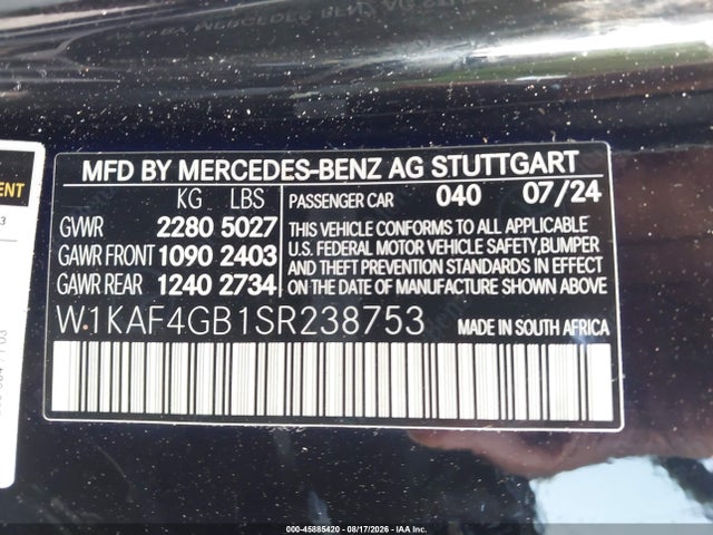 Продаж на аукціоні авто 2025 Mercedes-benz C 300, vin: W1KAF4GB1SR238753, номер лоту: 45885420