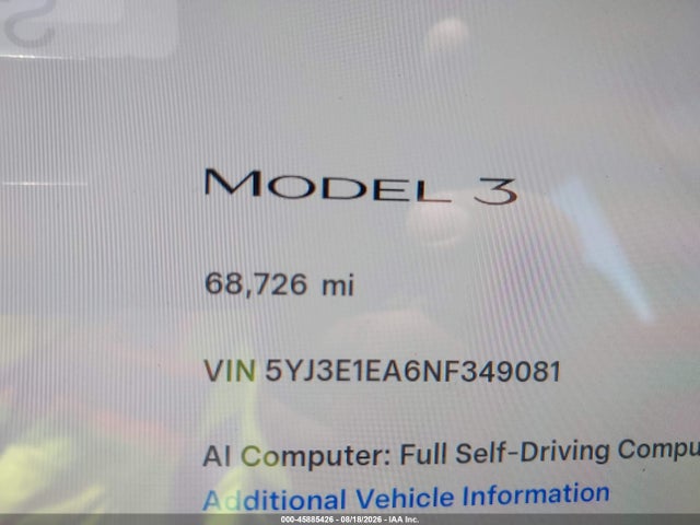 Продаж на аукціоні авто 2022 Tesla Model 3 Rear-wheel Drive, vin: 5YJ3E1EA6NF349081, номер лоту: 45885426