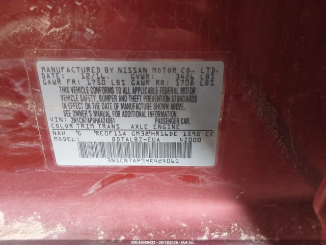 3N1CN7AP9HK424061 Nissan Versa 1.6 Sv