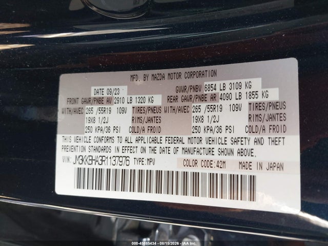45885434 :رقم المزاد ، JM3KKBHA3R1137976 vin ، 2024 Mazda Cx-90 Phev Preferred مزاد بيع