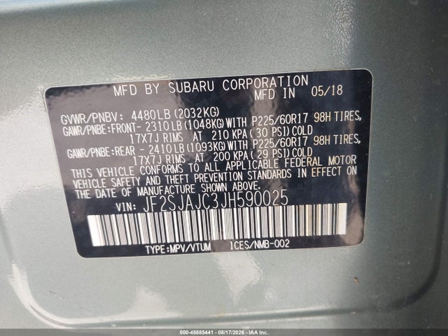 Aukcja sprzedaży 2018 Subaru Forester 2.5i Limited, vin: JF2SJAJC3JH590025, numer aukcji: 45885441