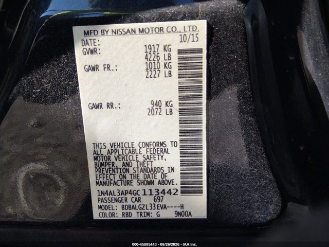 2016 Nissan Altima 2.5 S მანქანა იყიდება აუქციონზე, vin: 1N4AL3AP4GC113442, აუქციონის ნომერი: 45885443