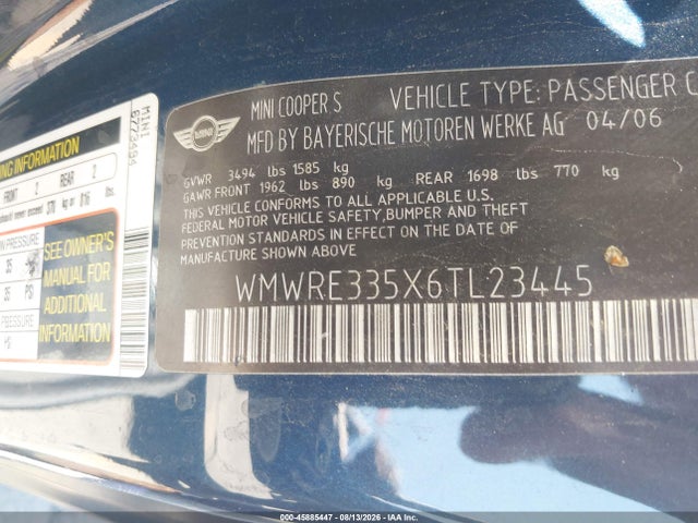 Продажа на аукционе авто 2006 Mini Cooper S, vin: WMWRE335X6TL23445, номер лота: 45885447