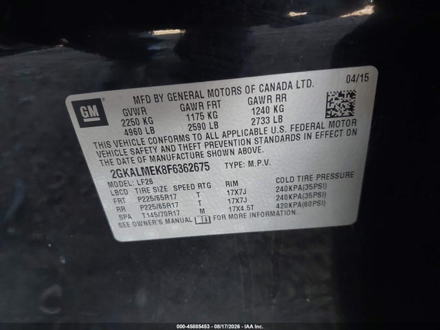 Aukcja sprzedaży 2015 Gmc Terrain Sle-1, vin: 2GKALMEK8F6362675, numer aukcji: 45885453