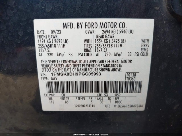 Aukcja sprzedaży 2023 Ford Explorer Xlt, vin: 1FMSK8DH9PGC05993, numer aukcji: 45885467
