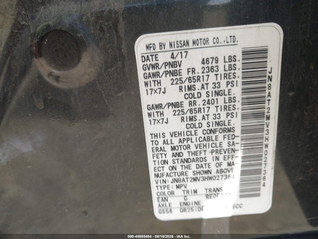 2017 Nissan Rogue Sv მანქანა იყიდება აუქციონზე, vin: JN8AT2MV3HW027364, აუქციონის ნომერი: 45885484
