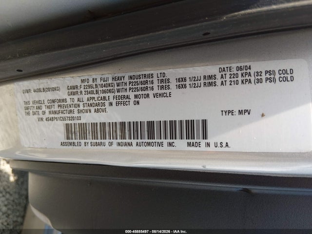 Aukcja sprzedaży 2005 Subaru Outback 2.5i, vin: 4S4BP61C557320103, numer aukcji: 45885497