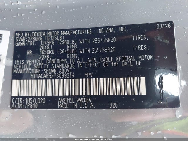Продажа на аукционе авто 2026 Toyota Grand Highlander Hybrid Nightshade Edition, vin: 5TDACAB5XTS099244, номер лота: 45885502