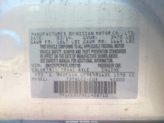 3N1CE2CPXEL428710 Nissan Versa Note S Plus