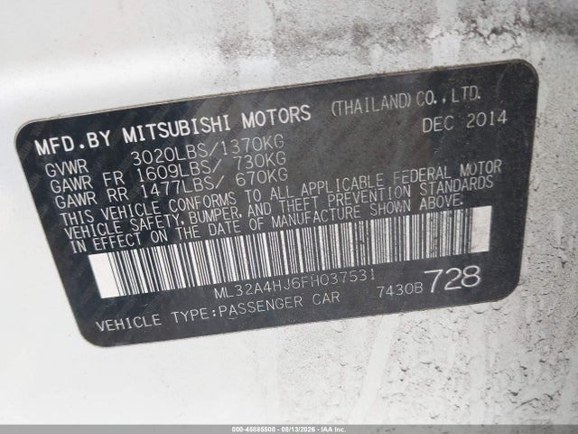 2015 Mitsubishi Mirage Es მანქანა იყიდება აუქციონზე, vin: ML32A4HJ6FH037531, აუქციონის ნომერი: 45885508