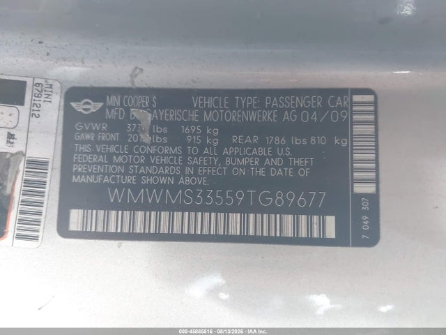 Продажа на аукционе авто 2009 Mini Cooper S, vin: WMWMS33559TG89677, номер лота: 45885516