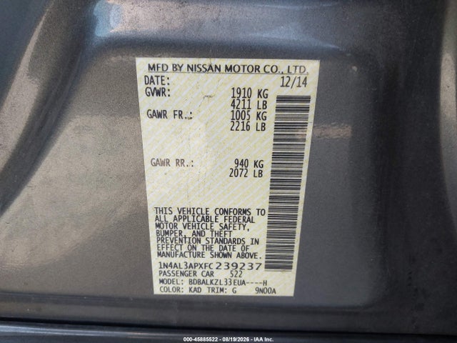 1N4AL3APXFC239237 Nissan Altima 2.5 Sv