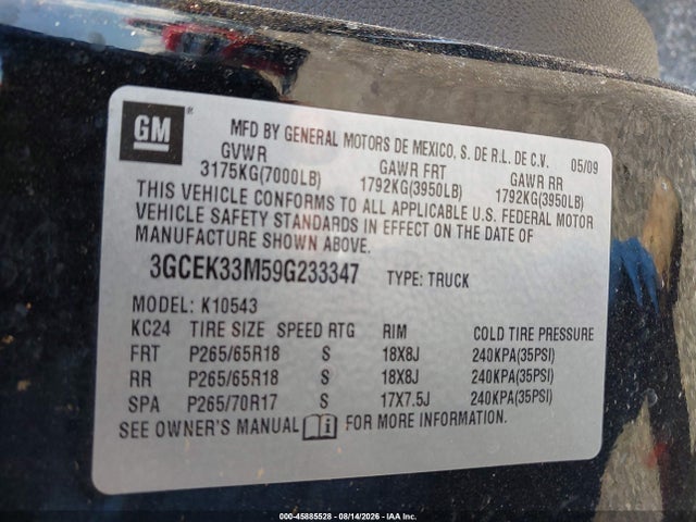 2009 Chevrolet Silverado 1500 Ltz მანქანა იყიდება აუქციონზე, vin: 3GCEK33M59G233347, აუქციონის ნომერი: 45885528