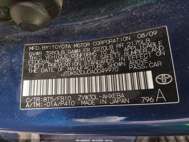 Aukcja sprzedaży 2010 Toyota Prius Iii, vin: JTDKN3DU0A0049970, numer aukcji: 45885532