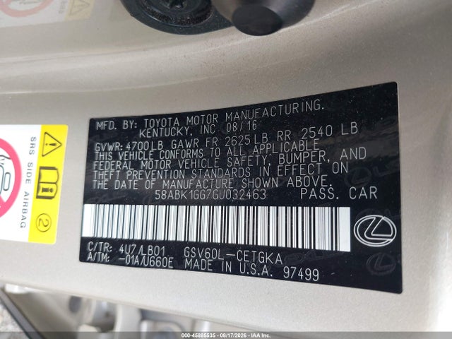 45885535 :رقم المزاد ، 58ABK1GG7GU032463 vin ، 2016 Lexus Es 350 مزاد بيع