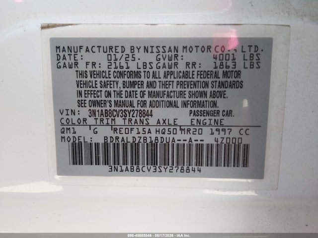 3N1AB8CV3SY278844 Nissan SENTRA SV