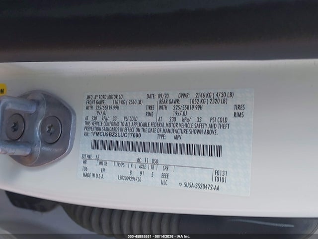 Продаж на аукціоні авто 2020 Ford Escape Se Sport Hybrid, vin: 1FMCU9BZ2LUC17690, номер лоту: 45885551