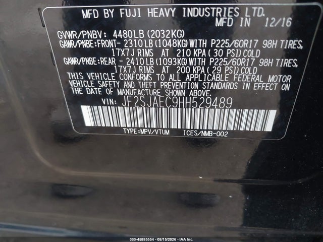 Продаж на аукціоні авто 2017 Subaru Forester 2.5i Premium, vin: JF2SJAEC9HH529489, номер лоту: 45885554