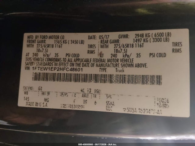 45885560 :رقم المزاد ، 1FTEW1EP2HFC48601 vin ، 2017 Ford F150 Supercrew مزاد بيع