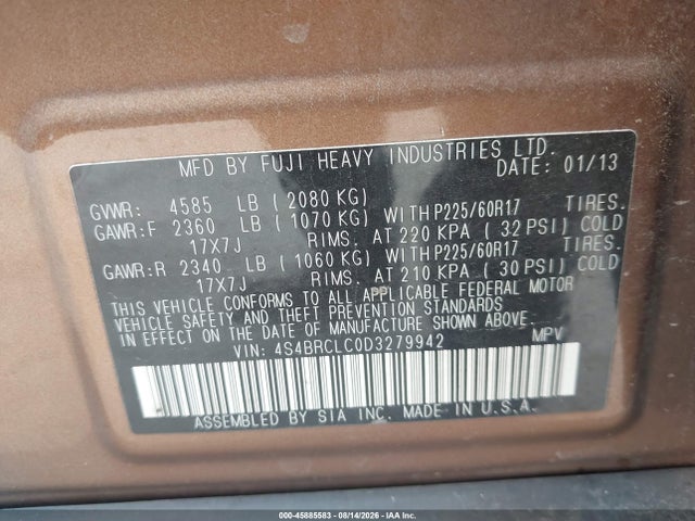 Aukcja sprzedaży 2013 Subaru Outback 2.5i Limited, vin: 4S4BRCLC0D3279942, numer aukcji: 45885583