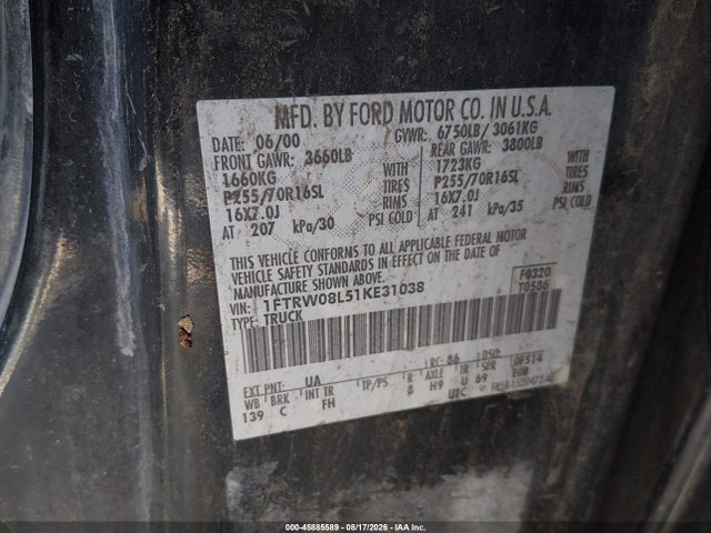 45885589 :رقم المزاد ، 1FTRW08L51KE31038 vin ، 2001 Ford F-150 King Ranch Edition/lariat/xlt مزاد بيع