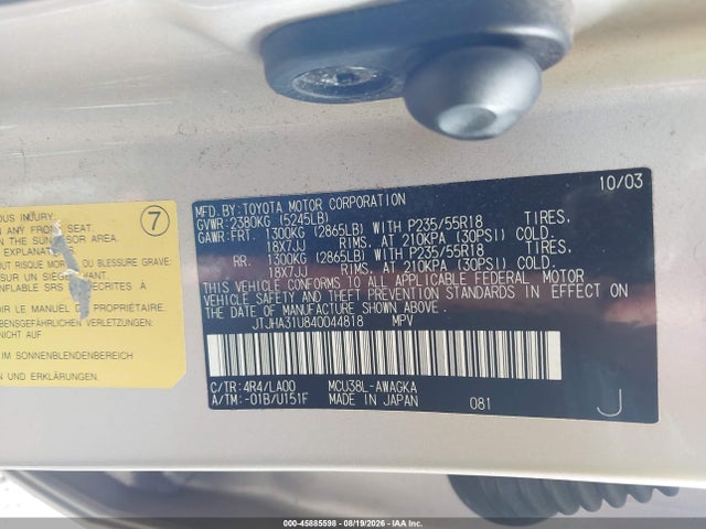 45885598 :رقم المزاد ، JTJHA31U840044818 vin ، 2004 Lexus Rx 330 مزاد بيع