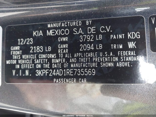 Продаж на аукціоні авто 2024 Kia Forte Lxs, vin: 3KPF24AD1RE735569, номер лоту: 45885602