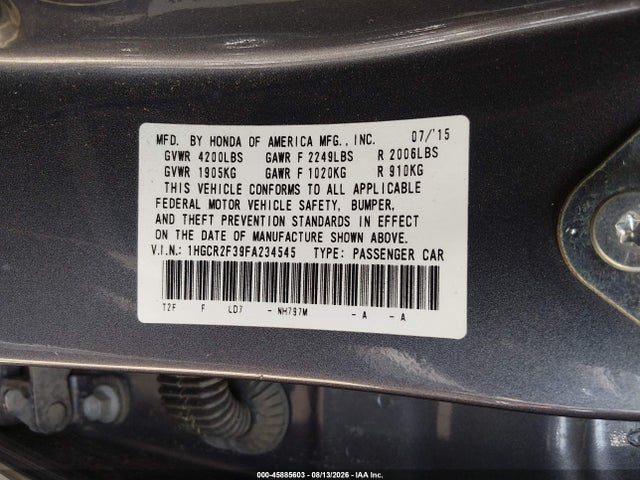 Aukcja sprzedaży 2015 Honda Accord Lx, vin: 1HGCR2F39FA234545, numer aukcji: 45885603