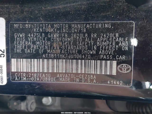 4T1B11HK7JU106470 Toyota CAMRY SE