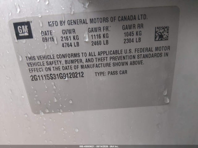 45885621 :رقم المزاد ، 2G1115S31G9120212 vin ، 2016 Chevrolet Impala 2lt مزاد بيع