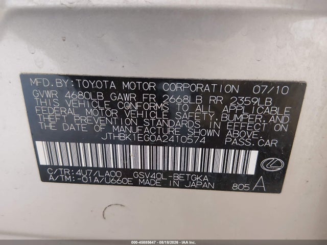45885647 :رقم المزاد ، JTHBK1EG0A2410574 vin ، 2010 Lexus Es 350 مزاد بيع