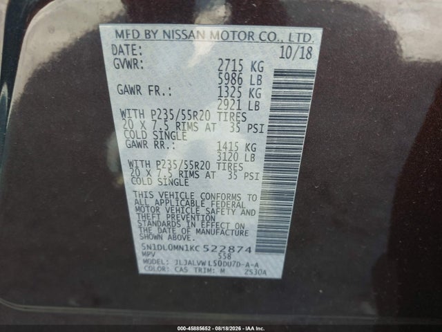 Aukcja sprzedaży 2019 Infiniti Qx60 Luxe, vin: 5N1DL0MN1KC522874, numer aukcji: 45885652