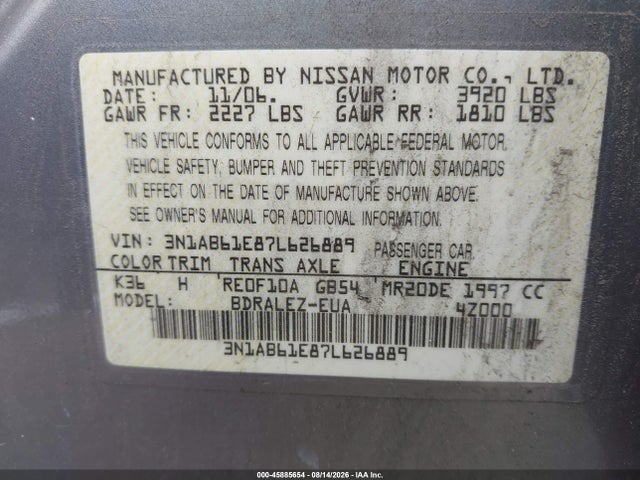 Aukcja sprzedaży 2007 Nissan Sentra 2.0s, vin: 3N1AB61E87L626889, numer aukcji: 45885654