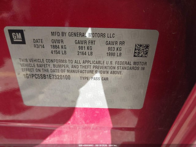 2014 Chevrolet Cruze 1lt Auto მანქანა იყიდება აუქციონზე, vin: 1G1PC5SB1E7320100, აუქციონის ნომერი: 45885663