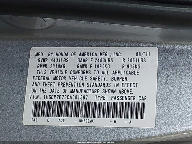 2012 Honda Accord 2.4 Ex მანქანა იყიდება აუქციონზე, vin: 1HGCP2E73CA001587, აუქციონის ნომერი: 45885665