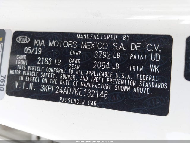 Продаж на аукціоні авто 2019 Kia Forte Lxs, vin: 3KPF24AD7KE132146, номер лоту: 45885676