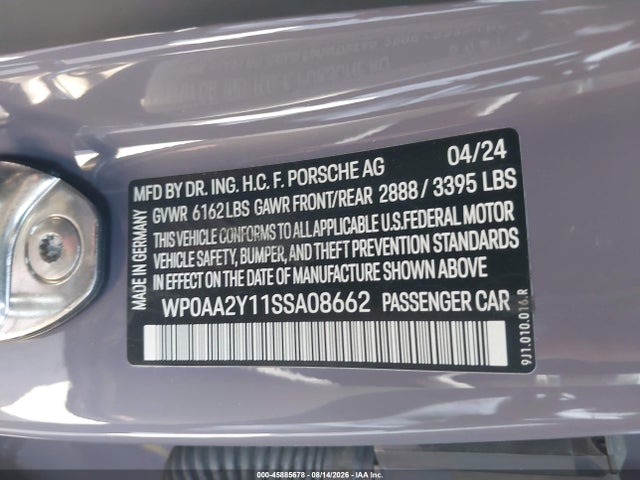 45885678 :رقم المزاد ، WP0AA2Y11SSA08662 vin ، 2025 Porsche Taycan 4 مزاد بيع