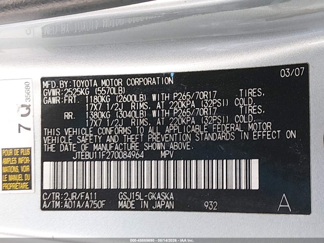 Aukcja sprzedaży 2007 Toyota Fj Cruiser, vin: JTEBU11F270084964, numer aukcji: 45885690