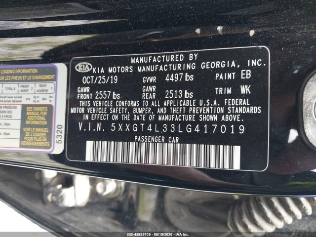 45885705 :رقم المزاد ، 5XXGT4L33LG417019 vin ، 2020 Kia Optima S مزاد بيع