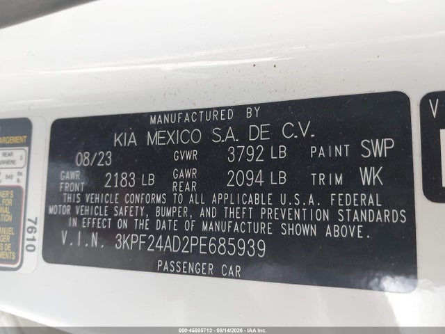 Продажа на аукционе авто 2023 Kia Forte Lxs, vin: 3KPF24AD2PE685939, номер лота: 45885713