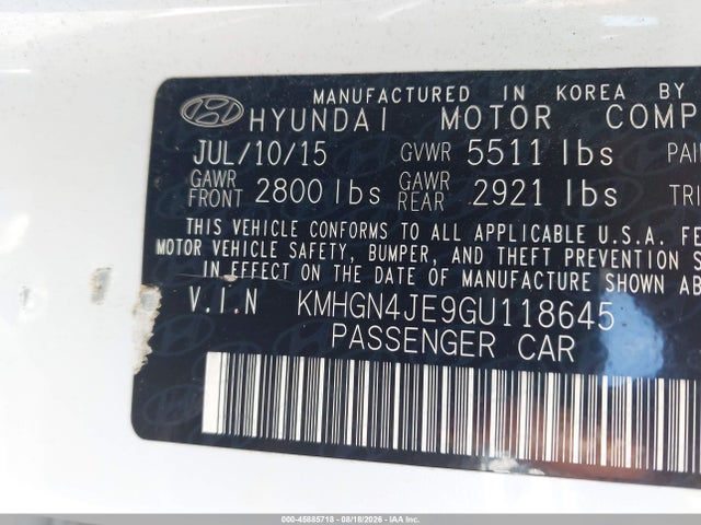 Продаж на аукціоні авто 2016 Hyundai Genesis 3.8, vin: KMHGN4JE9GU118645, номер лоту: 45885718