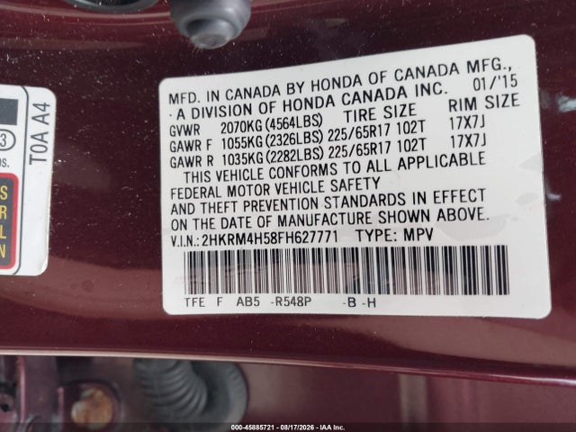 2015 Honda Cr-v Ex მანქანა იყიდება აუქციონზე, vin: 2HKRM4H58FH627771, აუქციონის ნომერი: 45885721