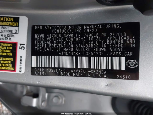 Продажа на аукционе авто 2020 Toyota Camry Le, vin: 4T1L11AK3LU395123, номер лота: 45885725