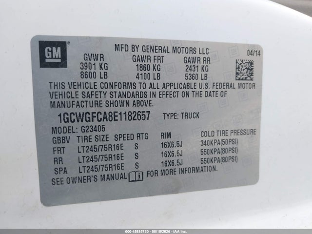 Chevrolet Express 2500 Work Van 2014 1GCWGFCA8E1182657 Image 9