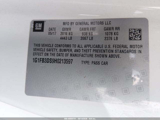 Продажа на аукционе авто 2017 Chevrolet Camaro 1lt, vin: 1G1FB3DS9H0213597, номер лота: 45885751